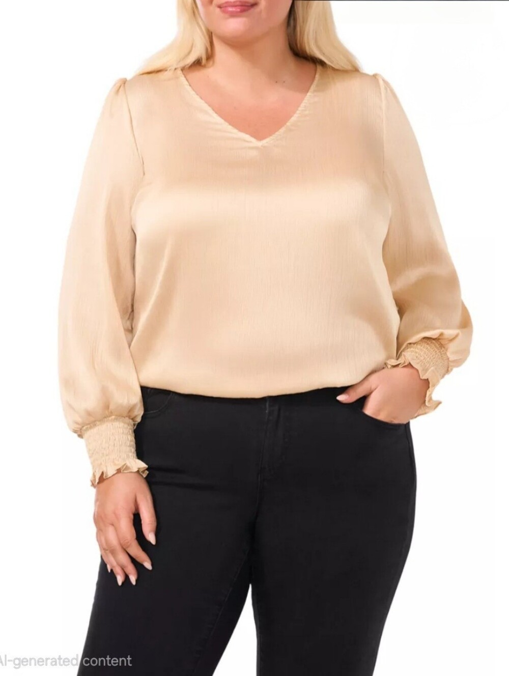 V-Neck Long Sleeve Blouse in Beige
